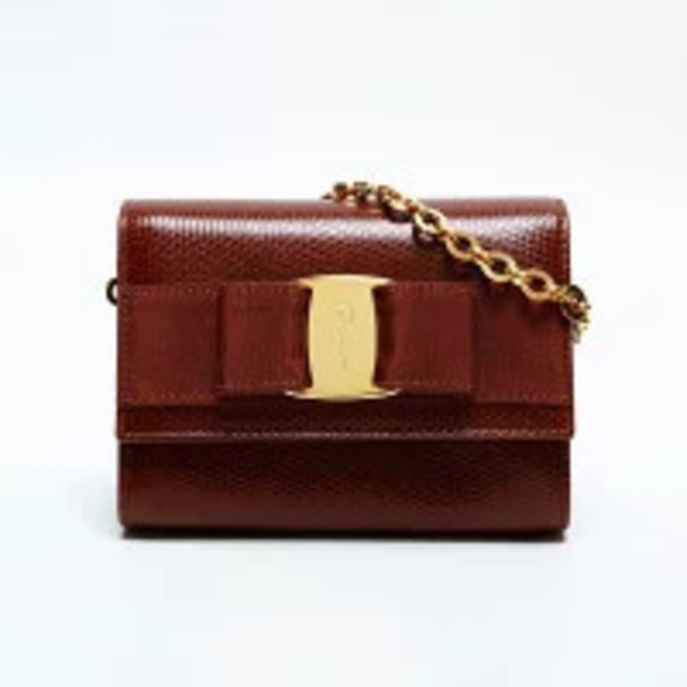 Salvatore Ferragamo Vara Embossed Chain Bag Brown Shoulder Leather